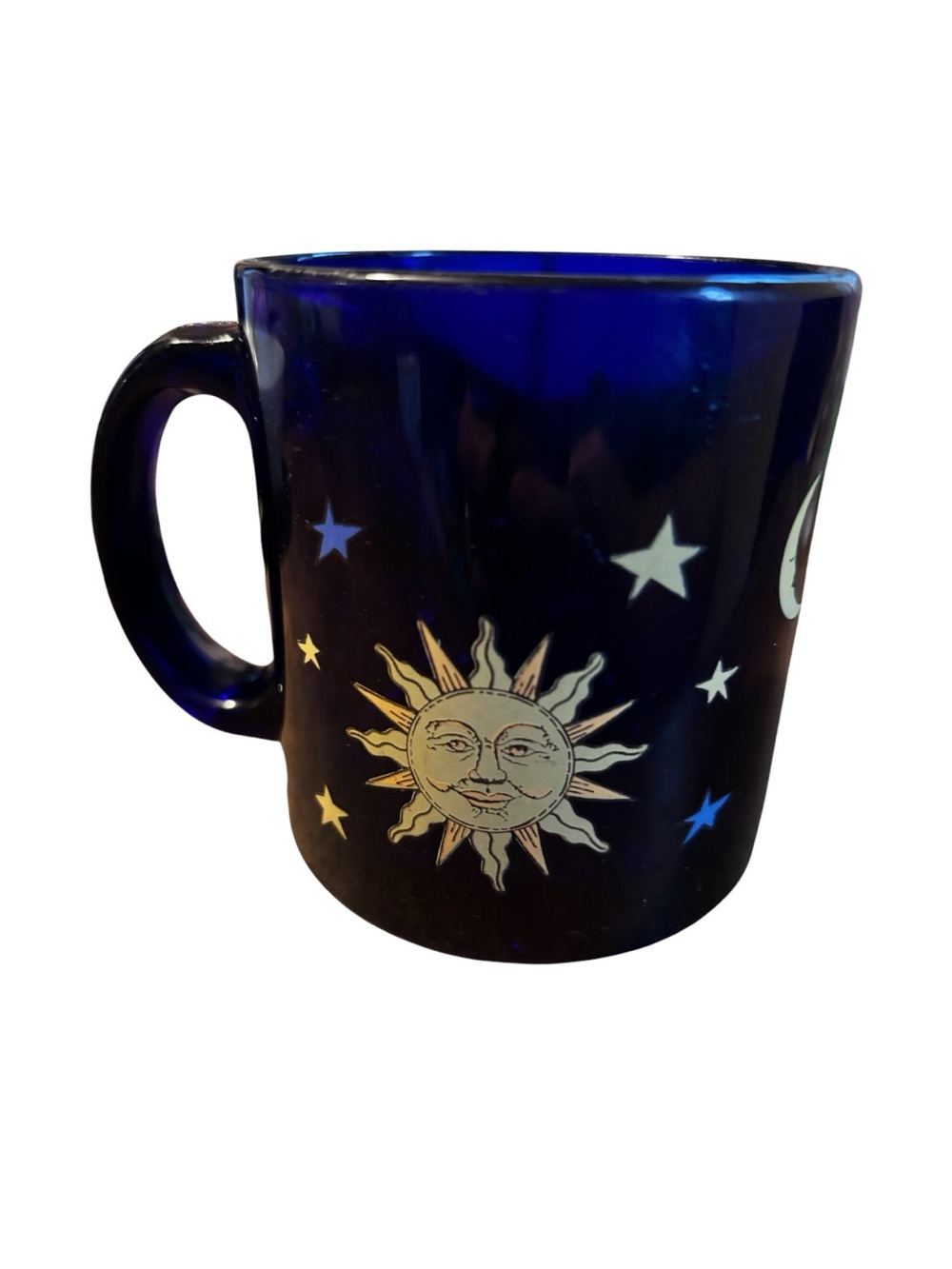 Vintage 90s Libbey Cobalt Blue Celestial Sun Moon & Stars Glass Mug USA
